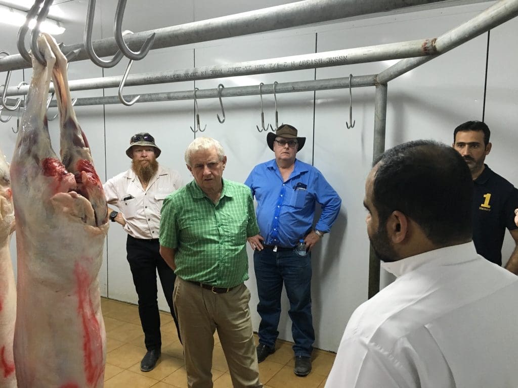 ALEC chairman Simon Crean, pictured (centre) at a cold store in Kuwait last week, as part of an industry supply chain tour which also included Qatar, Bahrain and the United Arab Emirates.