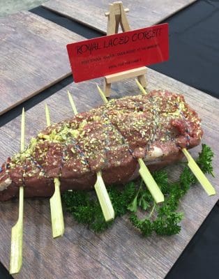 This stuffed chuck tender show creative use of lacing, using skewers as anchor-points.