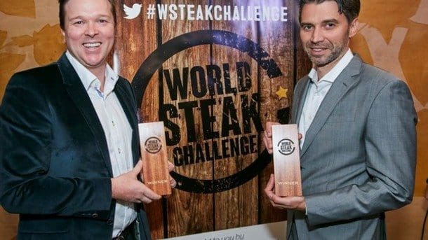 Jack's Creek's Patrick Warmoll and importer Frank Albers display their World Steak Challenge winner's trophies