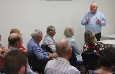 LNP Senator Barry O'Sullvan addresses a forum in Cloncurry last night. 