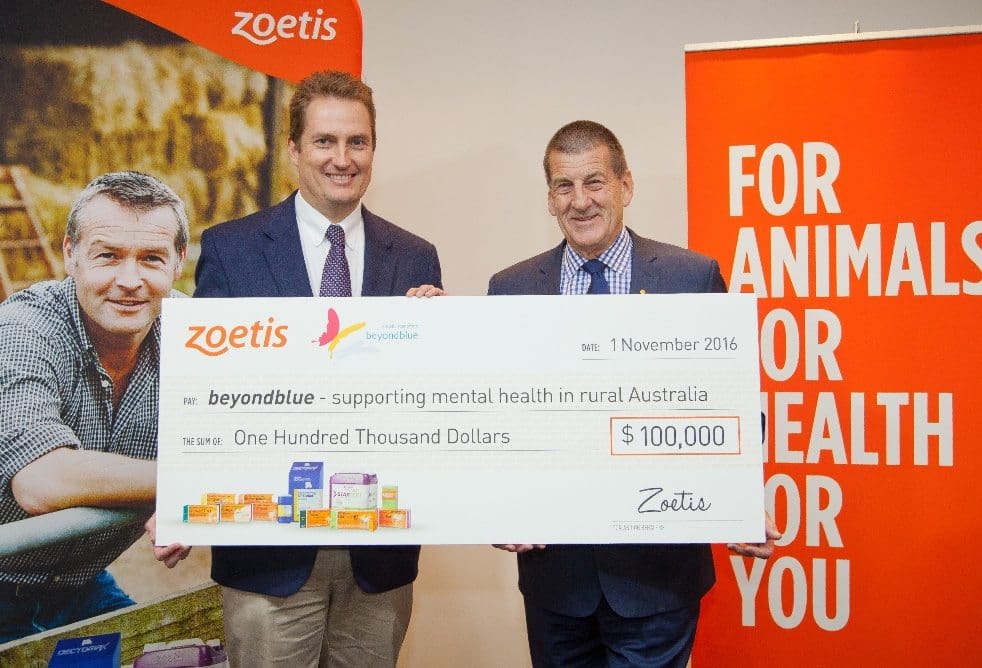 Zoetis general manager Lance Williams and beyondblue chairman Jeff Kennett during the cheque presentation