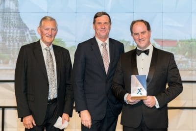 Stockyard's Lachie Hart, right, accepts the agribusiness exporter of the year award at last night's Queensland Premiier's Exporter of the Year awards