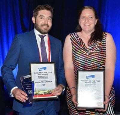 Bryce Camm collects the Feedlot of the Year award for yards 3000-10,000 head on behalf of Wonga Plains