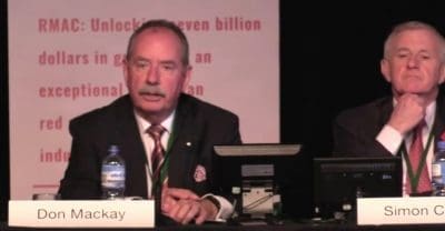 Don Mackay, left, and Livecorp's Simon Crean during Thursday's red meat industry forum 