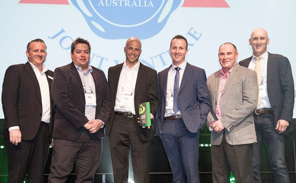 Woolowrths Steve Donohue, left, and Pat McEntee, second from right, with Teys personnel at last night's Woolies awards, from left, Rata Shuttleworth, Paul Irvine, Max Schob and Andrew McPherson