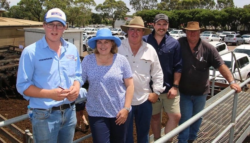 At theHamilton weaner sale,fromleft, Mick McMeel, Susan and Rowland Cameron and son Andrew, and visiting-friend Colin Torney.