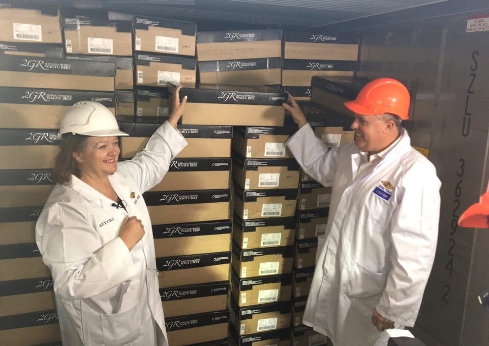 Hancock's Gina Rinehart and importer Mark Dyson from Quality Foods China position the last few cartons in place before yesterday's consignment left John Dee for Port of Brisbane.