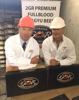 Hancock Prospecting’s general manager, cattle, Scott Richardson, right, and manager of Wagyu operations, Peter Telford, at Tuesday’s 2GR brand launch