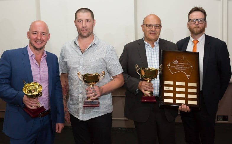 Winner of the Best Butchers Burger division in the National Sausage Kings final in Hobart, Joe DiFulvio, Crimea Meats, Morley, WA, with sponsor Rob Drummond and runners-up Daniel McCarthy, Baccus Marsh, Vic and David Gibney, Ashgrove, Qld.
