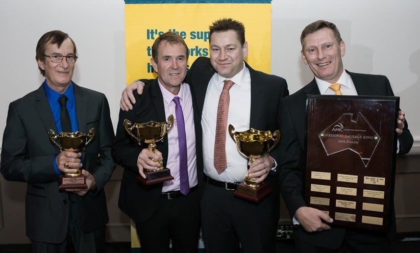 Winner of the poultry division in the National Sausage Kings final in Hobart, Pierre Mastromanno, The Steak and Wine Co, Highett, Vic, with sponsor Steve Fleming, AMIST and runners-up Shane Mundy, West Hobart, Tas and Garry Leeson, Ocean Shores, NSW. 