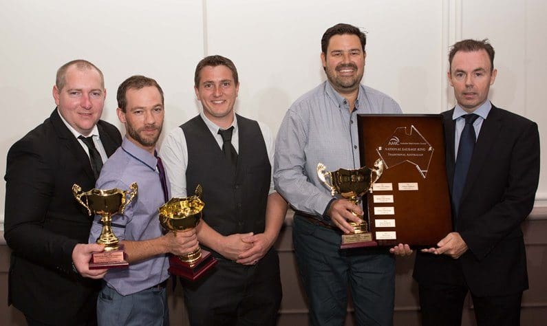 Winner of the traditional Australian beef division in the National Sausage Kings final in Hobart, Milan Matutinovich, The Corner Butcher, Morley WA, second from right, with sponsor Gary McAlister from MLA, and placegetters Jake Forbes, Kariong NSW and Chris Doyle & Trent Clark, Newtown, Tas.