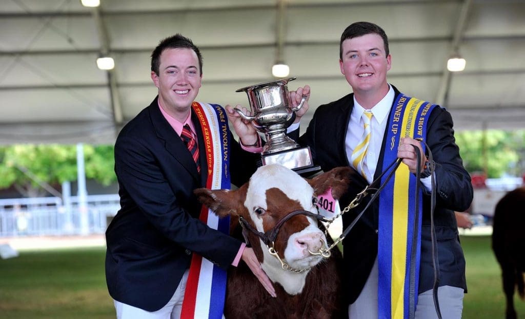 ALPA YOUNG AUCTIONEERS COMPETITION AT SYDNEY ROYAL SHOW 2016. NATIONAL WINNER AND RUNNER UP, L TO R, RONNIE DIX OF ELDERS LUCINDALE, SOUTH AUSTRALIA (NATIOBNAL WINNER) AND BLAKE O'REILLY OF RAY WHITE LIVESTOCK GUYRA NSW. PHOTOS PAUL MATHEWS