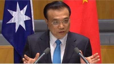 Chinese Premier Li Keqiang  addresses this morning's official signing and press conference in Canberra