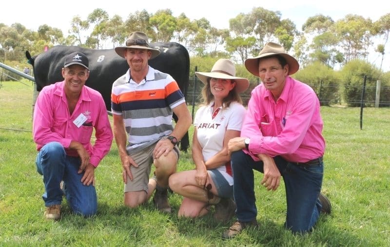 Jodie and Shane Foster of Boonaroo Angus, Casterton, purchasers of the $30,000 top priced bull at Te Mania 's autumn sale last month, with Tom Gubbins and Hamish McFarlane.
