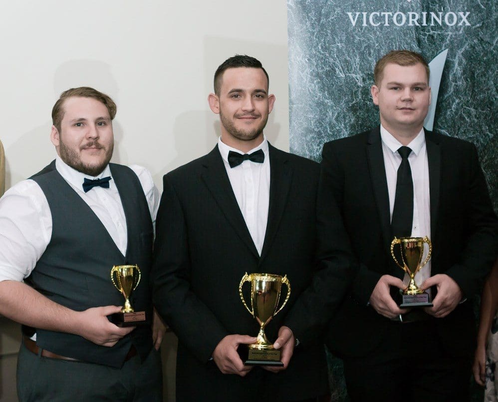 The Australian Meat Industry Council’s 2017 apprentice of the year, Chris Lukaitis. centre, with runners-up Ben Floyd from Brisbane and Reece Jeffree from Mitcham, SA. 