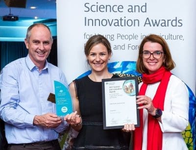 Andy Shepphard (CSIRO Biosecurity) and Senator Anne Ruston (Deputy Ag minister) congratulate CQUniversity’s Dr Kym Patison for her CSIRO Health and Biosecurity award. Photo: Steve Keough.