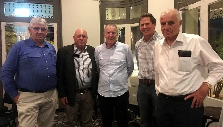 Gathered for Lance Loveday's recent send-off were from former and current JBS/AMH livestock men, from left, Ross Keane. Lance himself, Steve Groom, Brett Campbell and John Keir.