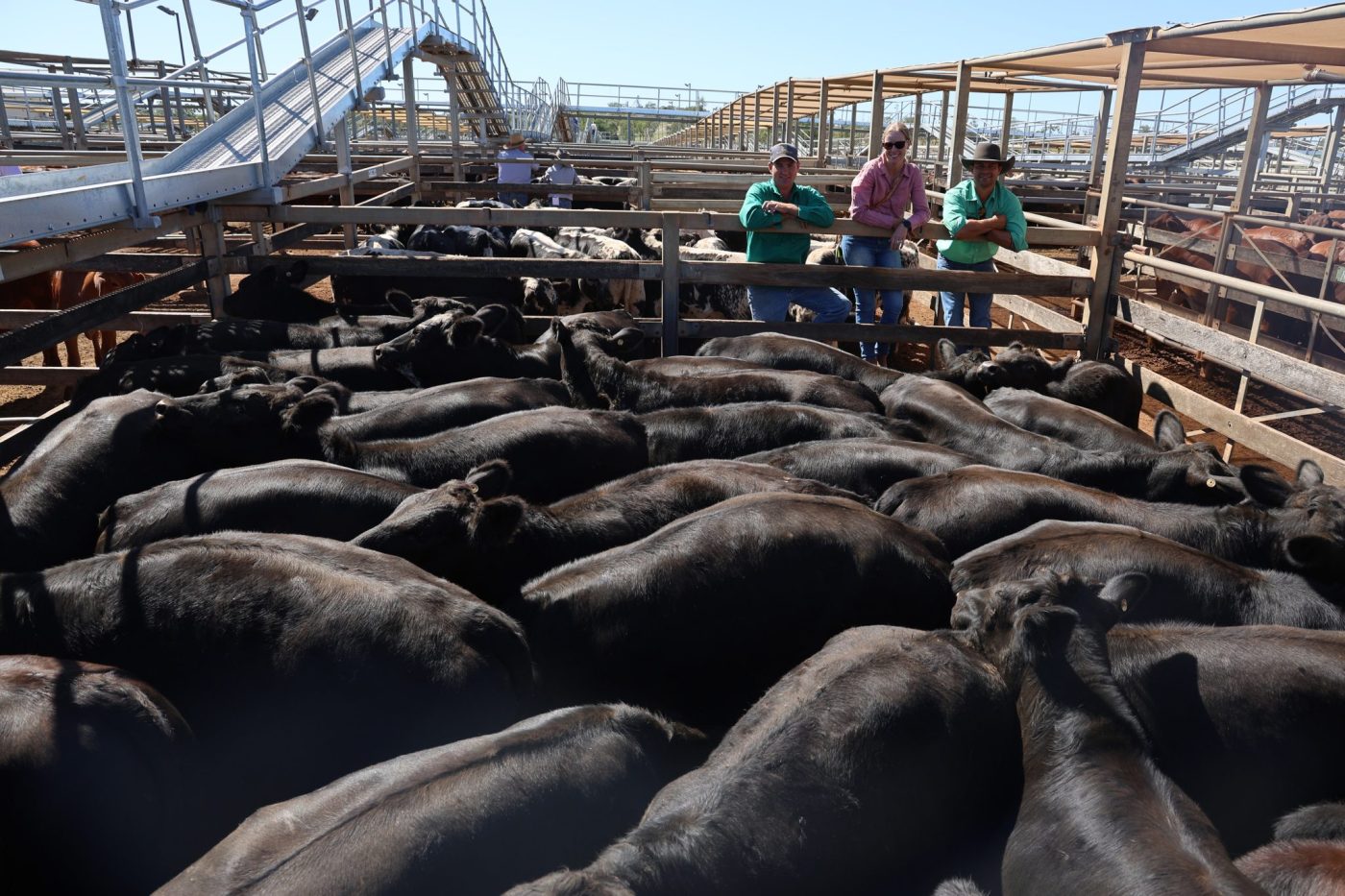 Darcy and Ashlee Gadsby with Nutrien livestock agent Josh McLeod.